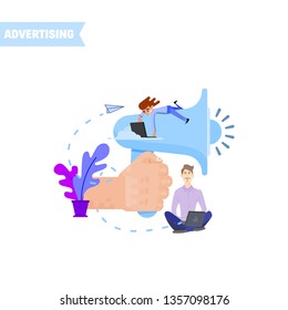 Huge megaphone and tiny people with tablets concept illustration