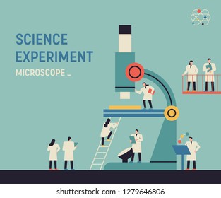 A huge microscope and a small scientist character. Science and Technology Development Research Concept Web Template illustration. flat design vector graphic style.