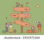 A huge milestone with backpackers. People are finding their way around the signpost and taking a break. flat design style minimal vector illustration.