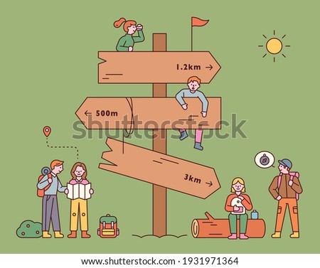 A huge milestone with backpackers. People are finding their way around the signpost and taking a break. flat design style minimal vector illustration.