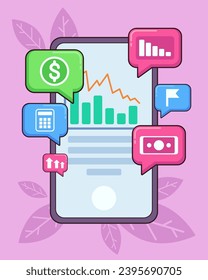 Huge mobile phone with diagram on screen and financial icons. Vector illustration. Calculator, dollar sign, money banknote. Finance, online payment concept