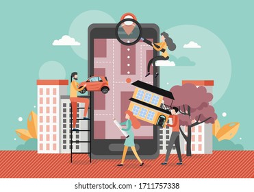 Gran teléfono móvil con mapa de navegación y pin localizado en la pantalla, personas buscando hotel o lugar que necesitan. Ilustración plana vectorial. Aplicación de navegación, alquiler de camiones, servicio de reparto de coches.