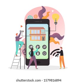Huge mobile phone with smart home applications for home automation, micro male and female characters, vector illustration. Internet of things lighting control, heating, ventilation, security systems.