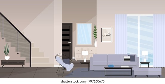 Huge modern living room with modern furniture, stairs, large window. Vector illustration.