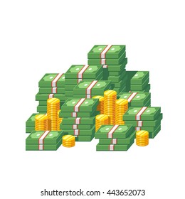 Huge Money Pile. Stacked Packs Of Dollar Bills And Gold Coins. Minimal Style Flat Vector Illustration Icon.