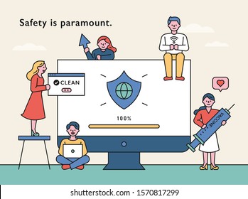 Huge monitor concept with small people. People are making the Internet safe. flat design style minimal vector illustration.