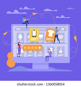 Huge Monitor with People Make Online Shopping. Characters Buying in Store, Woman Put 5 Stars Raiting. Mobile Pay, Payment of Goods Using App on Smartphone and PC Cartoon Flat Vector Illustration