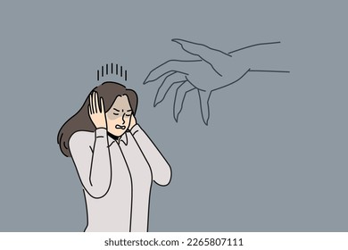 Huge monster hand stalk stressed businesswoman in fear and depression. Distressed female employee scared of big hand. Manipulation and authority in business. Vector illustration. 