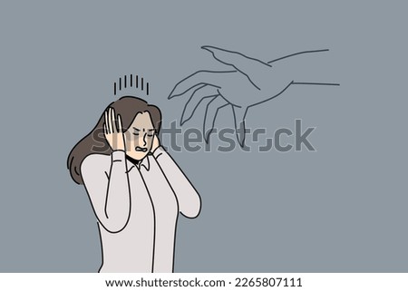 Huge monster hand stalk stressed businesswoman in fear and depression. Distressed female employee scared of big hand. Manipulation and authority in business. Vector illustration. 