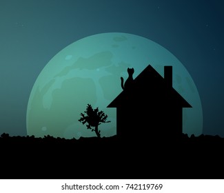 A huge moon glows in the blue night sky. The silhouette of the cat on the roof vector illustration.