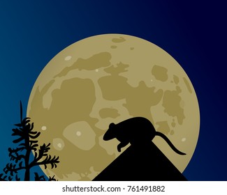 A huge moon glows in the night sky. The silhouette of the rat on the roof vector illustration.