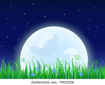 Huge moon with grass meadow. Night Vector illustration.