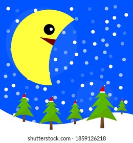 huge moon in the night sky illuminates christmas trees and falling snow winter landscape concept of holidays and new year