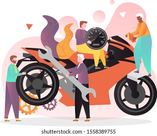 Huge motorbike and micro male characters holding huge wrench, speedometer, mirror, vector illustration. Motorcycle service, repair and maintenance garage composition for web banner, website page etc.
