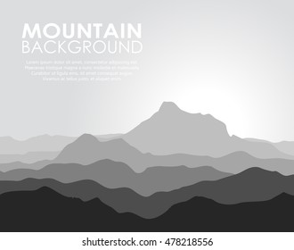 Huge mountain range silhouette. Black and white vector illustration with copy-space.