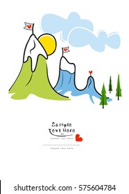 Huge mountains and Love flags with red heart shape on the top 