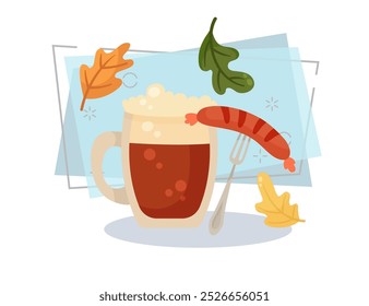 Riesiger Becher mit Bier und Wurst auf der Gabel, Vektorgrafik. Cartoon-Zeichnung für Banner-Design. Herbstblätter auf abstraktem Hintergrund. Oktoberfest, Bierfest, Feier, Herbst, Deutschland Konzept