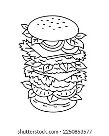 Huge multi-storey biggest burger. Veggie burger. Fast food. Line icon. Editable outline stroke. Vector infographic illustration.