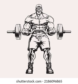 Huge muscular bodybuilder doing biceps curls with barbell, vector illustration