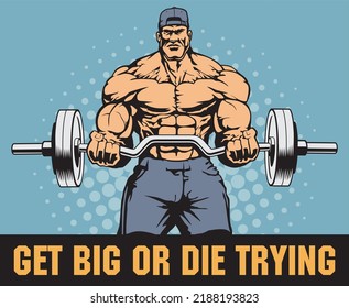 Huge muscular bodybuilder doing biceps curls with barbell, vector illustration, gym motivation poster