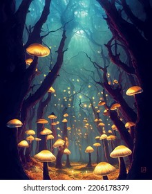 huge mushrooms in a beautiful forest, fascinating landscape,  special illustration art design 