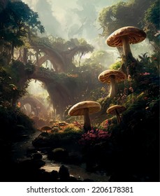 huge mushrooms in a beautiful forest, fascinating landscape,  special illustration art design 