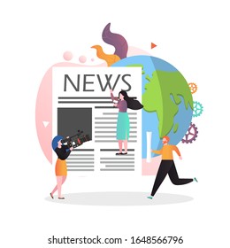 Huge newspaper front page, micro characters professional journalist, reporter with microphone, camera, vector illustration. Press mass media, news reports concept for web banner, website page etc.
