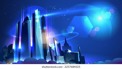 Huge night metropolis vector illustration. Night urban cityscape horizontal background with futuristic urban architecture