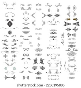 a huge number of details of different ornaments in different styles and vector format, black and white, a collection of ornaments