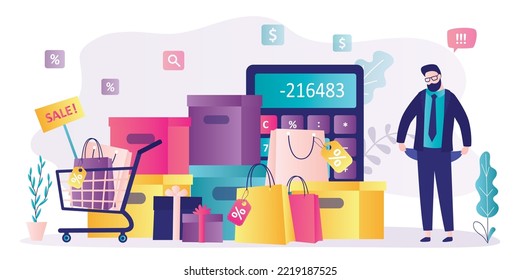 Huge number of purchases, shopaholism, shopping addiction. The calculator shows a negative financial balance. Unhappy shopaholic man bankrupt. Empty pockets, no money. Sales, discounts. Flat vector