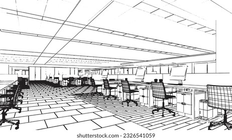 huge office area,office area for document work line drawings,3d rendering