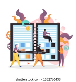 Huge office diary and micro business people making schedule and notes in order to fulfill tasks in time. Business and finanace, time management and planning concept for web banner, website page etc.