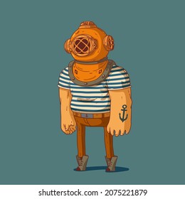 Huge old style diver. Sketch drawn vector illustration of a seaman with massive arms and anchor tatoo, wearing a tee with stripes ornament, trousers with a belt and an old style diver helmet