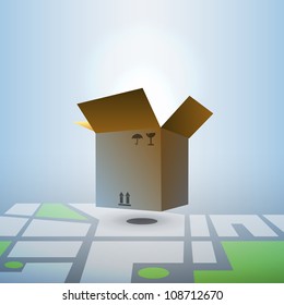 Huge open box hanging over block detailed city map