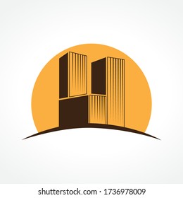 Huge orange sun in behind of high buildings, vector