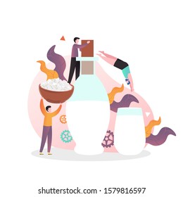 Huge organic cow milk bottle and glass, bowl of cottage cheese, micro male characters, vector illustration. Healthy milk and dairy products composition for web banner, website page etc.