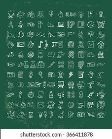 Huge pack of hand drawn education and school icons isolated from green background. chalk board style symbols