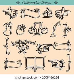 Huge pack or set engraved hand drawn in old or antique sketch style, vintage flourishes calligraphic design elements decorations. logo or emblems, retro label and badge. ornaments and monograms.