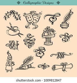 Huge pack or set engraved hand drawn in old or antique sketch style, vintage flourishes calligraphic design elements decorations. logo or emblems, retro label and badge. ornaments and monograms.