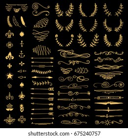 Huge pack or set engraved hand drawn in old or antique sketch style, vintage flourishes calligraphic design elements decorations. logo or emblems, retro label and badge. ornaments and monograms.