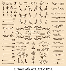 Enorme paquete o conjunto grabado a mano en el estilo antiguo o antiguo de boceto, la vintage florece los elementos caligráficos de diseño decorativos. logotipo o emblemas, etiqueta retro y placa. adornos y monogramos.