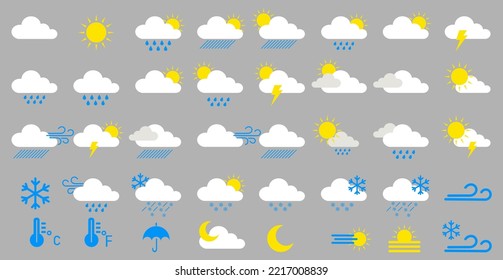 Huge pack of weather icons. Weather forecast design elements for mobile apps and widgets.