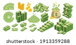 Huge packs of paper money. Bundle with cash bills. Keeping money in bank. Deposit, wealth, accumulation and inheritance. Flat vector cartoon money illustration. Objects isolated on a white background.