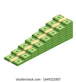 Huge packs of paper money. Bundle with cash bills. Keeping money in bank. Deposit, wealth, accumulation and inheritance. Flat vector cartoon money illustration. Objects isolated on a white background.