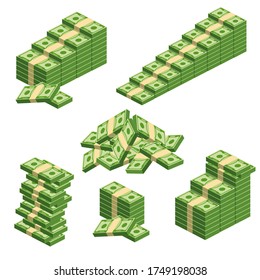 Huge packs of paper money. Bundle with cash bills. Keeping money in bank. Deposit, wealth, accumulation and inheritance. Flat vector cartoon money illustration. Objects isolated on a white background.