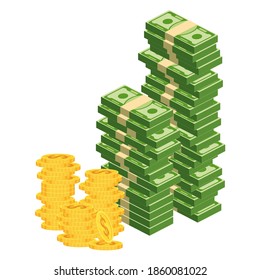 Huge packs of paper money. Bundle with cash bills. Keeping money in bank. Deposit, wealth, accumulation and inheritance. Flat vector cartoon money illustration. Objects isolated on a white background.