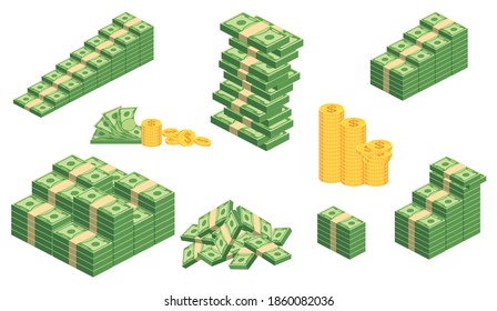 Huge packs of paper money. Bundle with cash bills. Keeping money in bank. Deposit, wealth, accumulation and inheritance. Flat vector cartoon money illustration. Objects isolated on a white background.