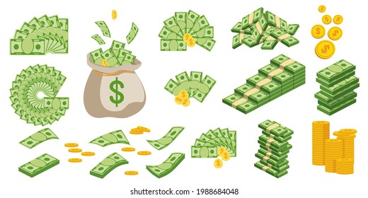 Huge packs of paper money. Bundle with cash bills. Keeping money in bank. Deposit, wealth, accumulation and inheritance. Flat vector cartoon money illustration. Objects isolated on a white background.