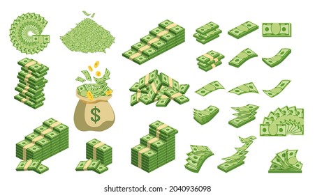 Huge packs of paper money. Bundle with cash bills. Keeping money in bank. Deposit, wealth, accumulation and inheritance. Flat vector cartoon money illustration. Objects isolated on a white background.