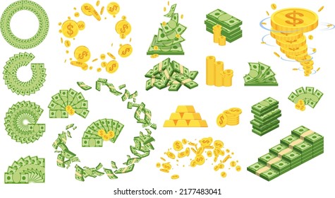 Huge packs of paper money. Bundle with cash bills. Keeping money in bank. Deposit, wealth, accumulation and inheritance. Flat vector cartoon money illustration. Objects isolated on a white background.